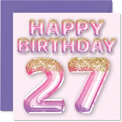 Image of 27th Birthday Card for Women Pink &amp; Purple Glitter Balloons Happy Cards 27 Year Old Woman Daughter Sister Auntie Cousin, 145mm x Twenty Seven Seventh Greeting Gift