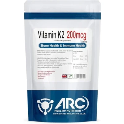 Image of Vitamin K2 MK7 200mcg Menaquinone Supplement 365 Vegetarian, Vegan Tablets Made in UK
