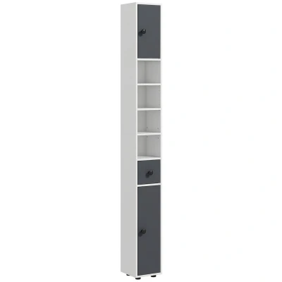 Image of kleankin 180cm Tall Bathroom Cabinet, Slim Storage Cabinet with 4 Open Shelves, 2 Door Cupboards and Adjustable Grey
