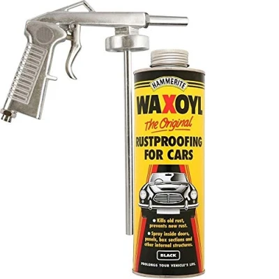 Image of HM Hammerite 1litre Black WaxOyl Rust Proof Prevention Covering Schutz Air Can+Gun