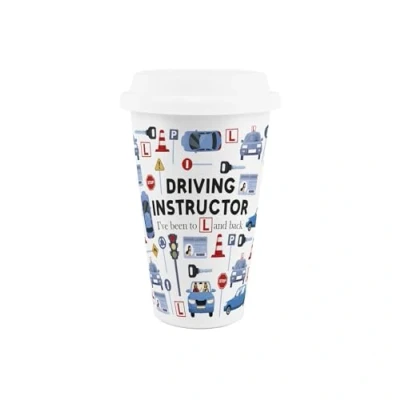 Image of Purely Home Driving Instructor Ceramic Travel Mug Comical Novelty Gifts for Teachers Reusable Silicone Lid Double Walled Insulated Hot/Cold Drinks Cup