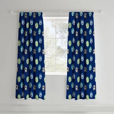 Image of Catherine Lansfield Kids Football 66x72 Inch Lined Pencil Pleat Curtains Two Panels Blue