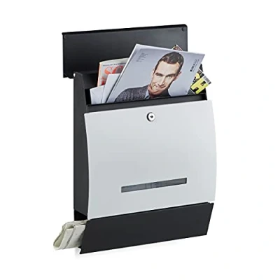 Image of Relaxdays Design Letterbox with Newspaper Slot, Powdercoated, HxWxD: 45 x 35 11 cm, Wall Mount Mailbox, Black White