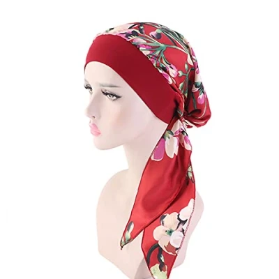 Image of Women Chemo Turban, Cotton Turban Cap Elastic Head Cover Turbans Satin Scarf Headwear Headwrap for Cancer Red Flower
