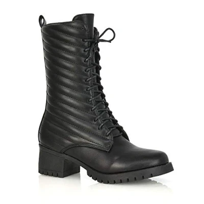 Image of ESSEX GLAM Womens Lace Up Mid Calf Boots Ladies Biker Chunky Low Heel Casual Padded Synthetic Leather Combat Military Booties Size 3 8
