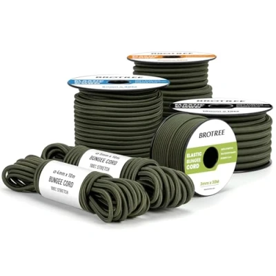Image of Brotree Bungee Cord Elastic Shock 4mm x 10m Rope Heavy Duty for Trailer, Tarpaulin, Tent Pole, Kayak and Backpack Army Green