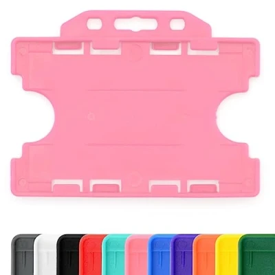 Image of CKB LTD 100x Twin Double Sided Rigid Slide in Open Faced ID Card Badge Holders Horizontal Landscape Dual Identity Plastic Pass Protector Holds Two Cards 86mm 54mm cr80 Credit Sized (Pink)