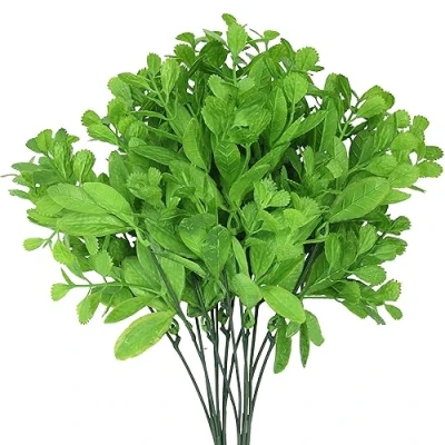 Image of BELLE VOUS 2 Pack of 14.3inch Tall Artificial Plastic Honey Bean Leaf Plants Realistic Fake Indoor/Outdoor Greenery Shrubs for Home, Office, Garden &amp; Kitchen Hanging Bushes Wedding Decor