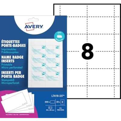 Image of Avery Name Badges Laser printable Refill Kit 8 per Card Ref L7418 [ 25 Sheets]