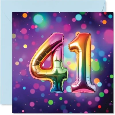 Image of 41st Birthday Cards for Women Men Rainbow Foil Balloon Happy Card 41 Year Old Woman Man Daughter Husband Wife Neighbour, 145mm Bday Greeting