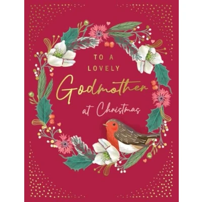 Image of Avant Garde Studios Christmas Card To a Lovely Godmother Robin wreath 8 x 6 inches