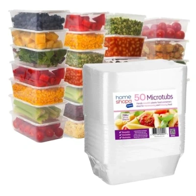 Image of HOMESHOPA Plastic Food Storage Containers, 50 Pack 750ml Clear Rectangular Microwave Takeaway Tubs with Lids, BPA Free Stackable Airtight Reusable, Dishwasher &amp; Freezer Safe