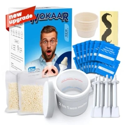 Image of Wokaar Quick Nose Wax Kit 100 G Wax, 30 Applicators, New 2 In 1 Melt Nasal And Ear Hair Waxing For Men &amp; Women Removal 15 X Balm Wipes 10 Mustache Guards 2Oz Eco Friendly
