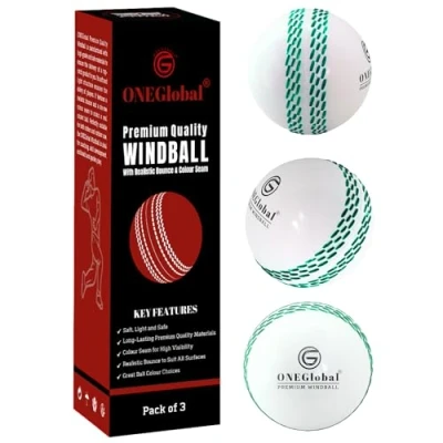 Image of ONEGlobal Premium Windball Soft Cricket Ball Durable, Colour Seam, True Bounce &amp; Swing Wind Balls for Indoor Outdoor Practice, Coaching, Garden Beach Games (3 WHITE&amp;GREEN)
