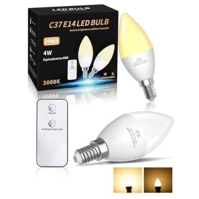 Image of TobeBright E14 LED Light Bulbs 4W 350LM Night Bulb Mode 0.4W 35LM, Remote Control Candle Small Screw Warm White 3000K C37