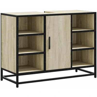 Image of vidaXL Bathroom Sink Cabinet Retro Sonoma Oak Vanity with Metal Frame, Engineered Wood, 80x33x60 cm Ample Storage Elegant Furniture