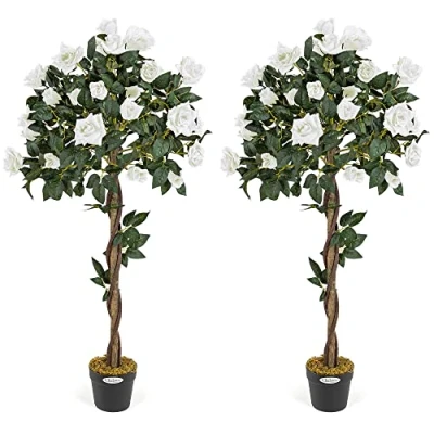 Image of CHRISTOW 2 Artificial Rose Trees Cream Flowers Twisted Trunk Potted Indoor Outdoor 4ft (Pair)