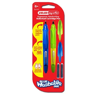 Image of Zieler ergonomic Handwriting Rollerball Cartridge Pen (twin pack) Suitable for right &amp; left handed use Soft rubber grip Extra smooth medium point 0.7mm nib 2 ink cartridges