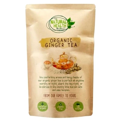 Image of Organic Ginger Tea Bags (15 Pyramid Bag Pack) By The Natural Health Market Soil Association Plastic Free