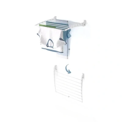 Image of Foxydry Fold, Wall Mounted Clothes Drying Rack, Foldable Aluminum Design Ideal for Indoor and Outdoor Use. Dimensions: 62x50x50 cm