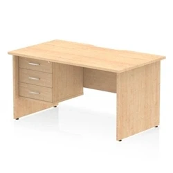 Image of Impulse 1400 x 800mm Scalloped Edge Straight Office Desk Maple Top Panel End Leg Workstation 1 3 Drawer Fixed Pedestal