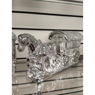 Image of Biznest SILVER HORSE WITH WAGON GYPSY CRUSHED DIAMOND CARRIAGE ORNAMENT SHELF SITTER BLING