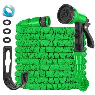 Image of LINGKY 25FT Expandable Garden Hose Pipe Flexible Water with 3/4&quot;, 1/2&quot; Fittings, Expanding Magic Hose, 8 Function Spray Nozzle, Latex Core Hosepipe Anti Leakage