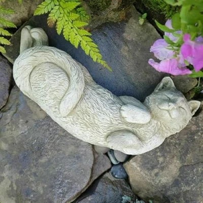Image of Laying Cat Statue Reconstituted Stone Animal Concrete Garden Outdoor Kitten Kitty Ornament Decoration
