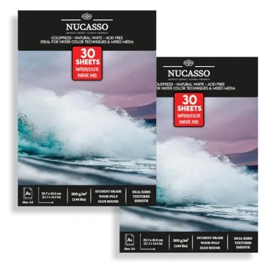 Image of NUCASSO Watercolour Paper Pad Pack of 2 A3 x 30 Sheets Natural White 300 GSM Student Grade, Cold Pressed, Glue Bound Water Colour Sketchbook for Wet, Dry &amp; Mixed Media (30 Packs)