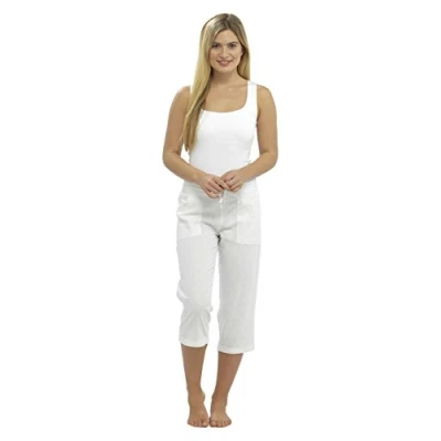 Image of Tom Franks Ladies Linen Blend Cropped 3/4 Length Trousers White 10