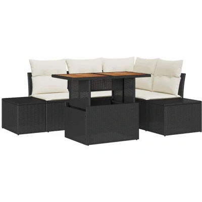 Image of vidaXL 5 Piece Garden Sofa Set with Cushions Black Poly Rattan