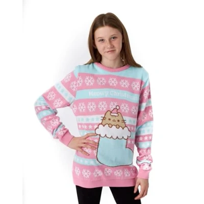 Image of Pusheen Girls Christmas Jumper in Pink Long Sleeve Graphic Knitted Sweater for Children Warm The Cat Festive Holiday Knitwear Top Pullover Knit Merchandise Gift Kids