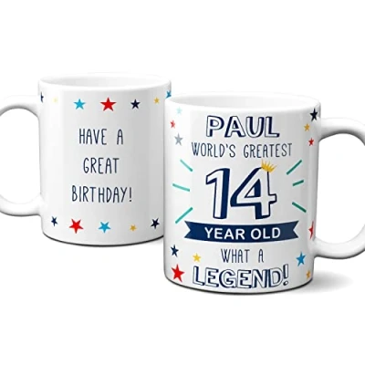 Image of Thoughtful Gifts Personalised World’s Greatest Age 14 Mug, 14th Birthday Gift, Mug for Year Old boy, Cup Birthday, Gift Old. Add Name and Message.