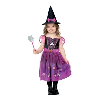 Image of Smiffys Ben and Holly&#039;s Little Kingdom Holly Witch Costume for Kids Includes Dress Wings Hat Wand Officially Licensed Black with Pink Bow Perfect Halloween Parties