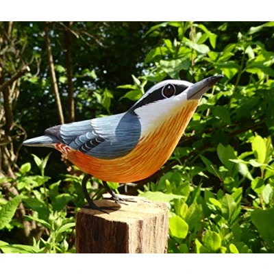Image of Purity Style Hand Carved and Painted Wooden Nuthatch Figurine, Ornament on a Log