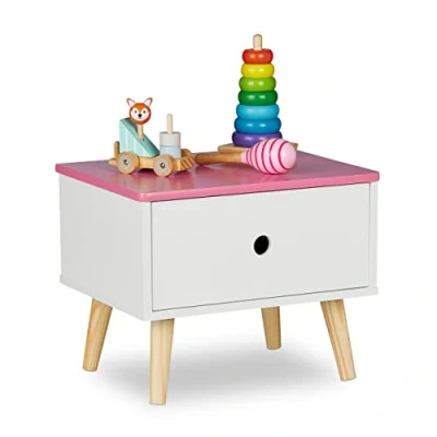Image of Relaxdays Children&#039;s Bedside Table, with Drawer, HWD: 31x38x30 cm, Kids&#039; Room, Small Sideboard, Wood &amp; MDF, White/Pink, 80% fibreboard 20%