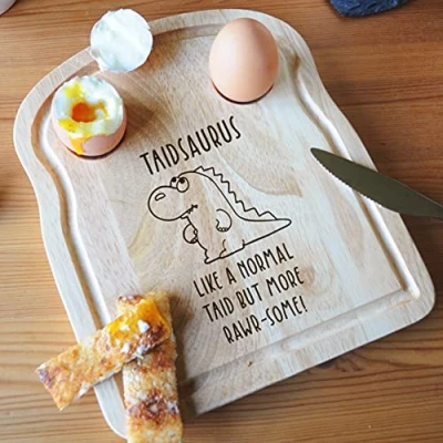 Image of eBuyGB Taidsaurus Breakfast Board, Dinosaur Dippy Egg &amp; Soldiers, Toast Shaped Serving Taid Birthday Gift, Present for Welsh Grandad
