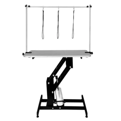 Image of Hydraulic Pet Dog Grooming Table Lift Height Adjustable H Bar 180kg Weight Capacity Large 106cm x 61cm Grey Rubber Top Professional Heavy Duty Steel Black Frame 4 Adaptable Stable Feet 3 Loop Leashes