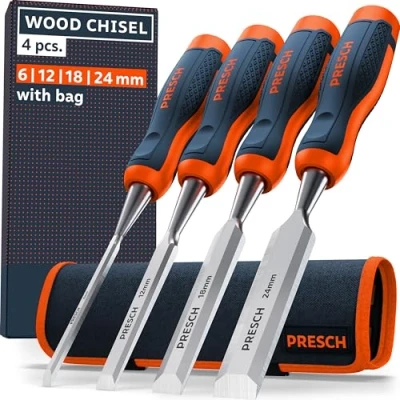 Image of Presch Chisel Set for Wood 4 pc. with Bag Sharp (6, 12, 18, 24mm) Professional firmer 25 Angle Finished Ground