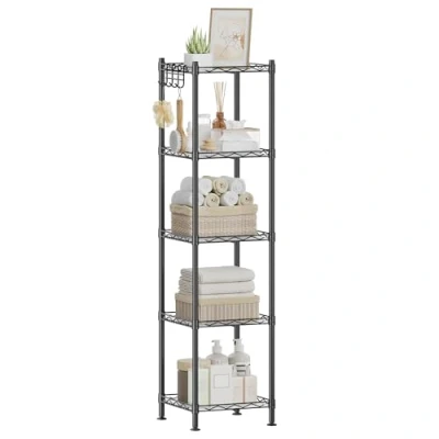 Image of SONGMICS Bathroom Shelf, Metal Storage Rack, Total Load Capacity 100 kg, with 5 PP Sheets, Removable Hooks, 30 x 123.5 cm, Expandable Design, for Small Space, Black and Translucent LGR23BK