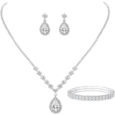 Image of TOEECY Bridal Wedding Jewellery Set for Women Rhinestone Crystal Necklace Bracelet and Teardrop Dangle Earrings Gifts Bridesmaid Costume Dress （Silver）