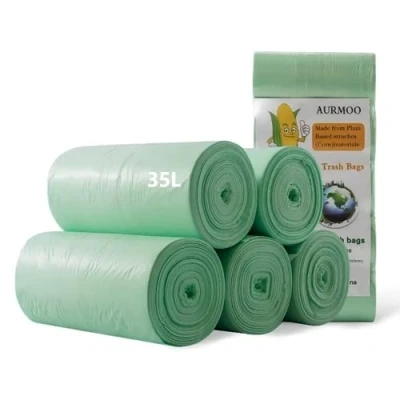 Image of AURMOO 110 Organic Bin Liners, 35 L, Bags 9 10 Gal, Biodegradable Kitchen Food Waste Bags, for Kitchen, Office, Living Room (55 x 65 cm, Green)