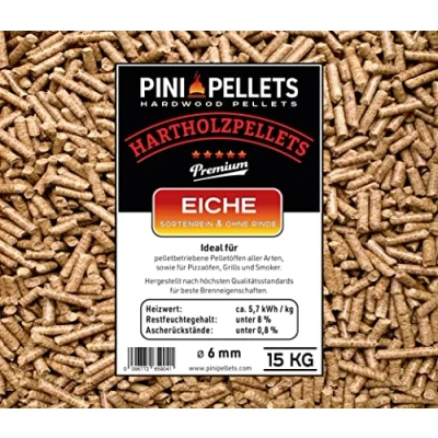 Image of PINI Oak Wood Pellets 6 mm, 15 kg Premium Quality, High Calorific Value, Minimal Ash, Ideal for Heating, Grilling, Smoking