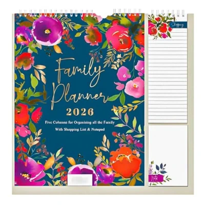 Image of 2025 Calendar Family Organiser Month to View Hanging Memo Pad with Shopping List, Notepad, Five Columns for organising (Floral)