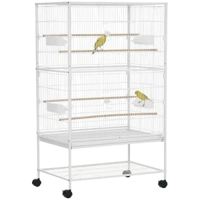 Image of PawHut Large Bird Cage Budgie for Finch Canaries Parakeet with Rolling Stand, Slide out Tray, Storage Shelf, Food Containers, White