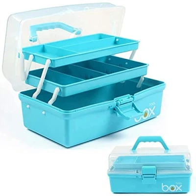 Image of Creahaus 12in 3 Layer Multipurpose Storage Box/Craft Boxes with Compartments/Plastic Tool Box/Medicine Box/Hair Accessories Organiser/Sewing Box 2 Trays (Blue)