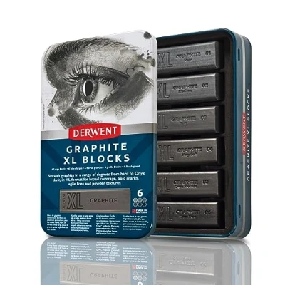 Image of Derwent Graphite XL Blocks 6 Tin, Set of 6, 60mm Extra Large Block, Water soluble, Ideal for Sketching, Drawing and Expressive Mark Making, Professional Quality, 2306195