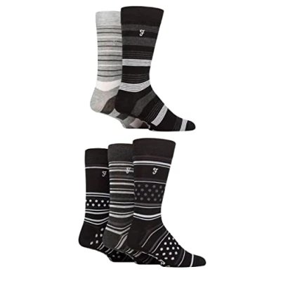 Image of Mens 5 Pair Farah Plain, Striped and Patterned Everyday Bamboo Socks Stripe Dots Black / Charcoal 6 11