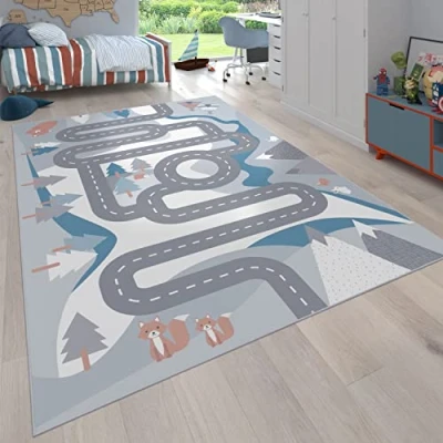 Image of Paco Home Kids Rug Nursery Girls Boys Modern Road Bear Mountain Pattern Blue Grey, Size:120x160 cm