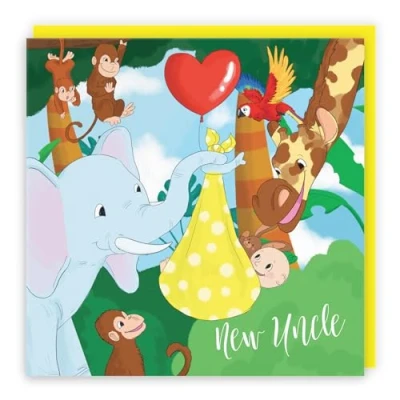 Image of Hunts England New Uncle Congratulations Baby Card Cute Elephant Holding Yellow You&#039;re A Boy Girl Niece Nephew Jungle Collection